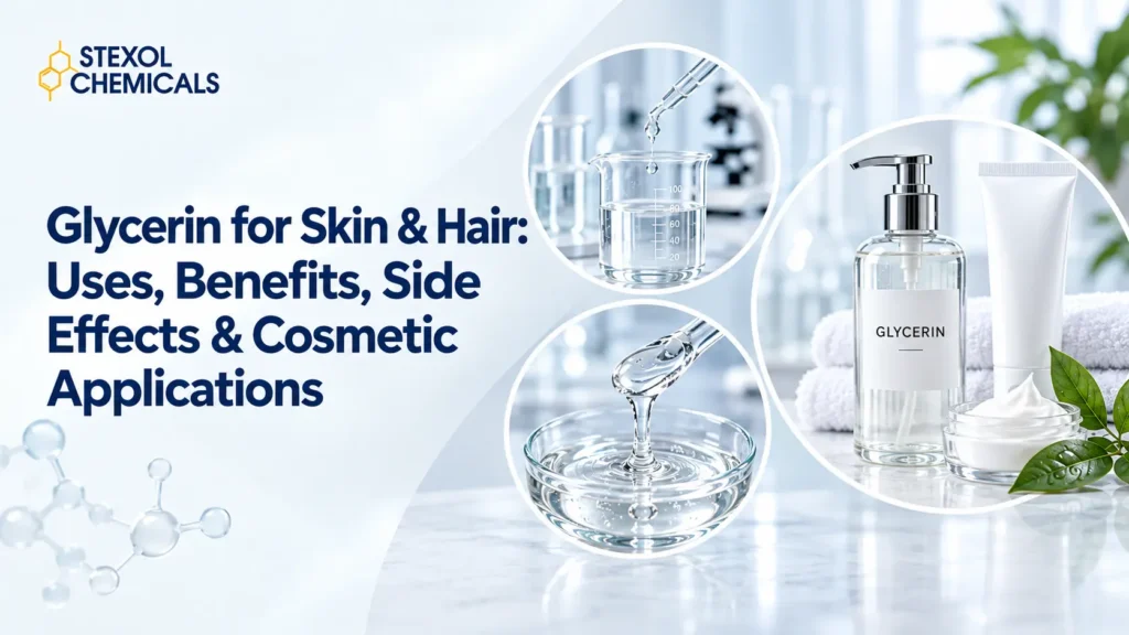 Glycerin liquid in lab beaker and dropper next to glycerin-based skincare products including a pump bottle, cream jar, and tube, representing glycerin uses in skin and hair care